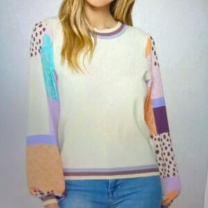 Fate mixed media print sleeve sweater sz M